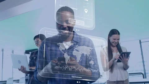 Man typing order number after chat bubbles requesting, AR tech panels stacking Stock Footage 335235199
