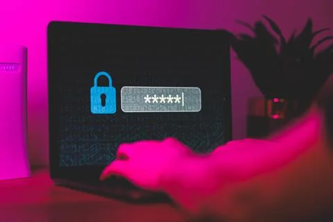 Man typing password on personal computer. Close up shot of cyber security Stock Photos