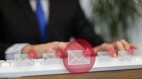 Man typing as phishing e-mails arrives. Virus alert and cyber attack on Stock Footage 331063887