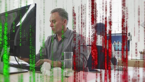 Man typing rear viewing chart woman coming and pointing falling code growing Stock Footage 333463764