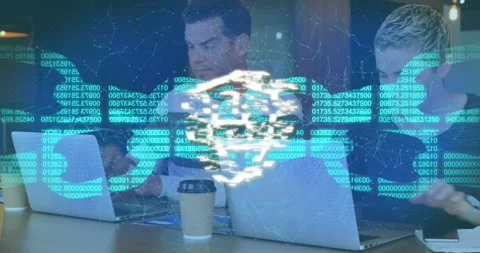 Man typing starting code forming lock icon overlaying workspace while colleague Stock Footage 318544660