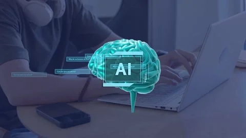 Man typing at table sending queries for tech, turquoise AI brain pulsing with Stock Footage 335235886