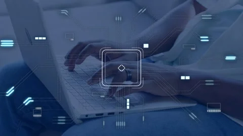 Man typing on tech laptop, HUD rising over hands while circuits expanding across Stock Footage 335731973