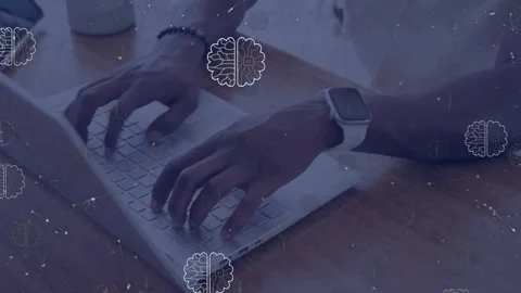 Man typing tech laptop pausing reaching for phone checking message, brain icons Stock Footage 335235914