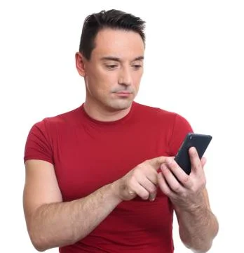 Man typing text message on mobile phone. Isolated Stock-Fotos