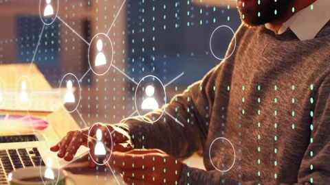 Man typing using phone at desk, circle icon by glasses growing network overlays Stock Footage 335281993