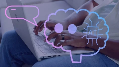Man typing on white laptop, composing message and initiating animated AI brain 스톡 동영상 334728852