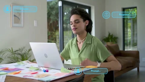 Man typing at workspace responding to floating blue prompt bubbles around laptop Stock Footage 333234146
