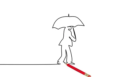 Man With Umbrella One Stroke Animation Drawn With Pencil Stock Footage 113904993