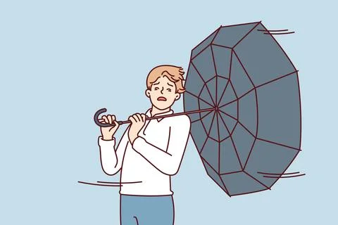 Man with umbrella turned backwards walks down street during severe storm Stock Illustration