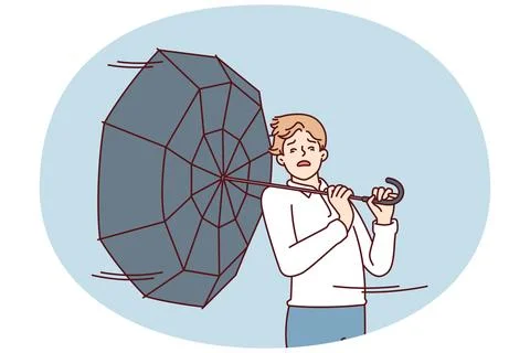 Man with umbrella turned backwards walks down street during severe storm Stock Illustration
