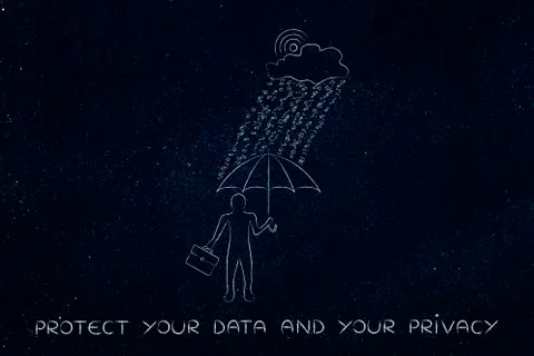 Man with umbrella under binary code rain, data breach protection Stockillustratie