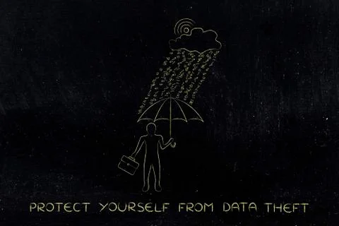 Man with umbrella under binary code rain, data breach protection Stockillustratie
