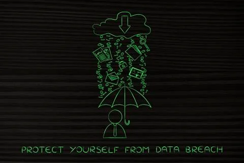 Man with umbrella under binary code rain, data breach protection Stock Illustration