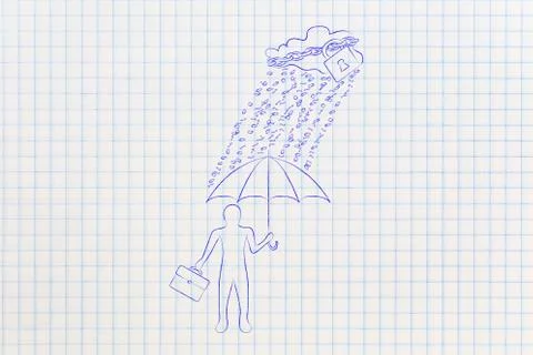 Man with umbrella under binary code rain, data breach protection Illustrazione stock