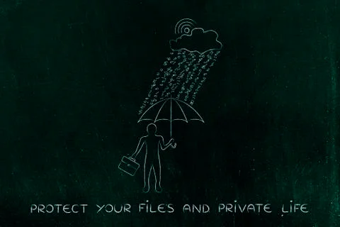 Man with umbrella under binary code rain, data breach protection Stock Illustration