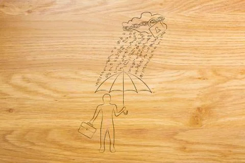Man with umbrella under binary code rain, data breach protection Stock Illustration