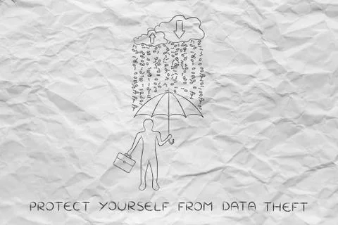 Man with umbrella under binary code rain, data breach protection Stock Illustration