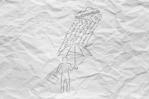 Man with umbrella under binary code rain, data breach protection Stockillustratie