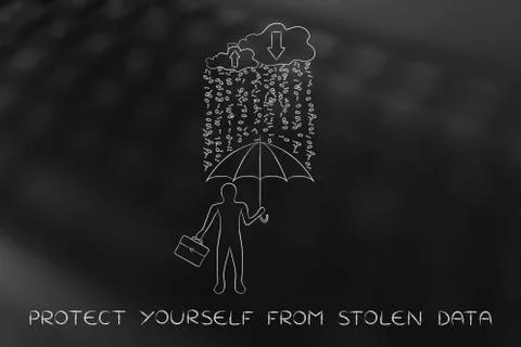 Man with umbrella under binary code rain, data breach protection 库存插图