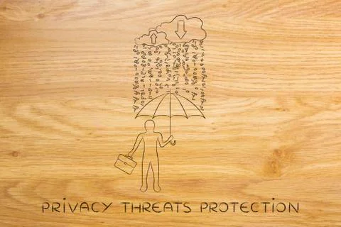 Man with umbrella under binary code rain, data breach protection 库存插图