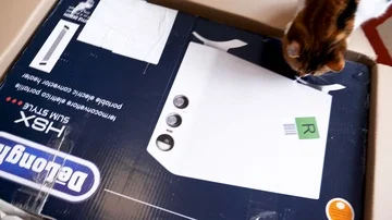 Man unboxing large cardboard box containing Italian DeLonghi convection heater Stock Footage 85911892