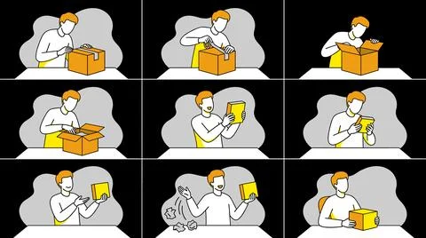 Man Unboxing Package Step by Step Illustration. Stock Illustration
