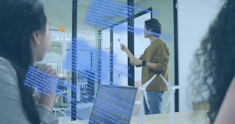 Man uncapping marker writing code on clear glass wall in tech meeting, Stock Footage 315508873