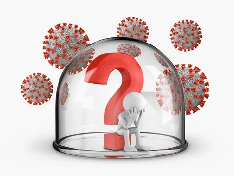 Man under the question mark inside the dome and coronaviruses A man sits u... Stock Photos