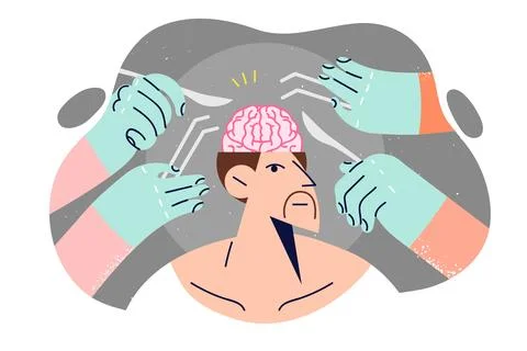 Man undergoing brain surgery to remove malignant tumor, stands among hands with Ilustración de archivo