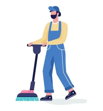 Man in the uniform cleaning floor using vacuum cleaner. Stockillustratie