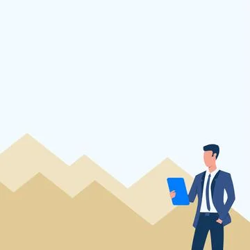 Man In Uniform Drawing One Hand In Pocket Standing Holding Computer Tablet With Illustrazione stock
