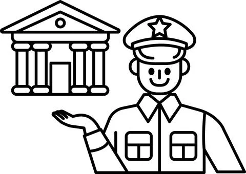 A man in a uniform is holding a hand up in front of a building Ilustración de archivo