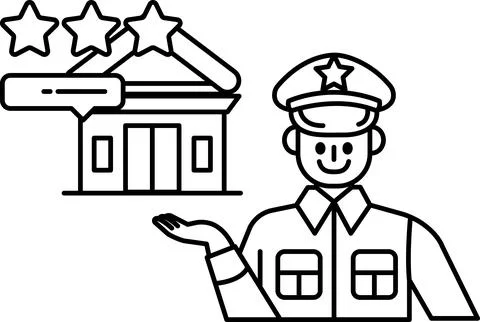 A man in a uniform is holding a hand up in front of a building Ilustración de archivo