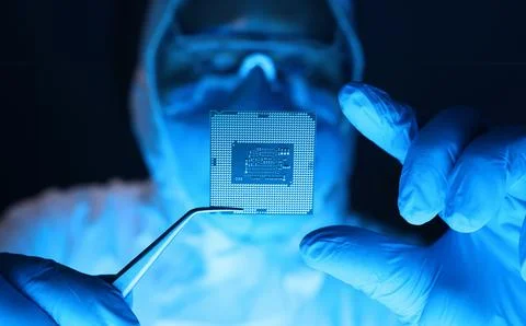Man in uniform holds microprocessor with forceps 写真素材