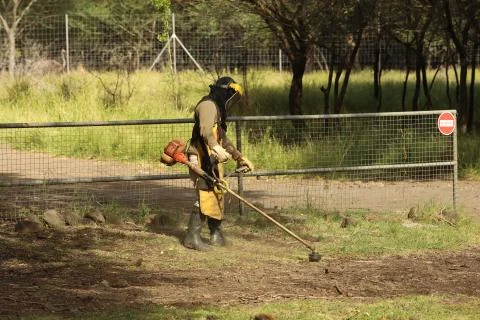 Man in uniform mows the grass behind the fence. Stock Photos