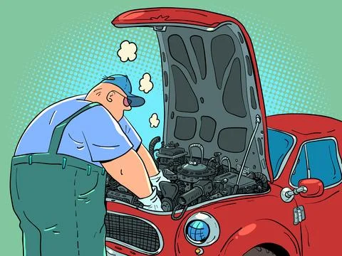 A man in uniform repairs a car. auto repair shop garage A professional works in Stock Illustration