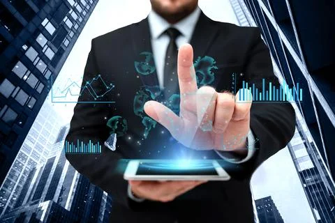 Man In Uniform Standing Holding Tablet And Virtually Tapping Screen. Busine.. Stock Photos