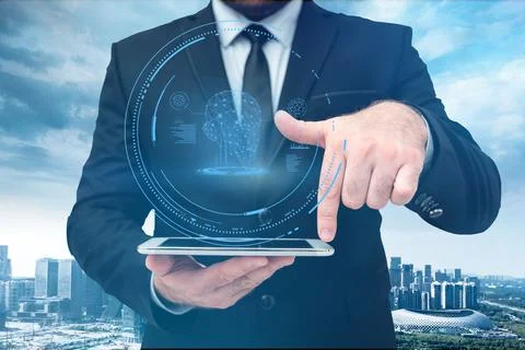 Man In Uniform Standing Holding Tablet And Virtually Tapping Screen. Busine.. Stock Photos