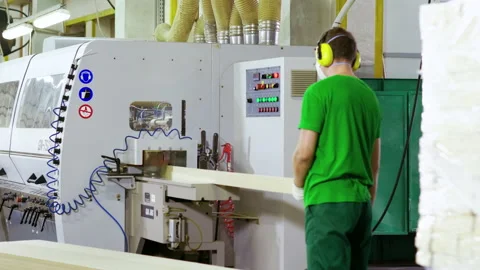 A man in a uniform working on a woodworking machine in a furniture factory. 4K Stock-Footage 164679974