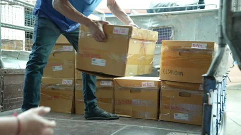 Man unloading cardboard boxes from the trunk of trucks for recycling. Stock Footage 225427952