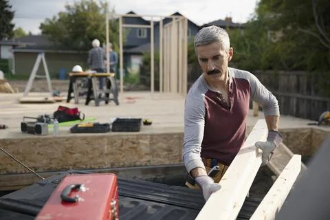 Man unloading wood planks at construction site Stock Photos