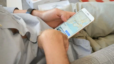 Man unlocking iPhone 7 apple maps flyover new-York Stock Footage 68449788