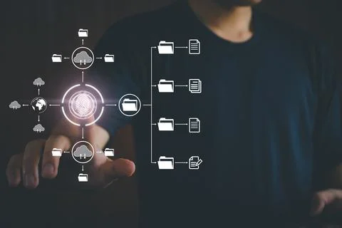 Man unlocks files in the cloud. Internet technology. Concept of global data c Foto stock