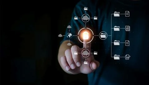 Man unlocks files in the cloud. Internet technology. Concept of global data c Foto stock