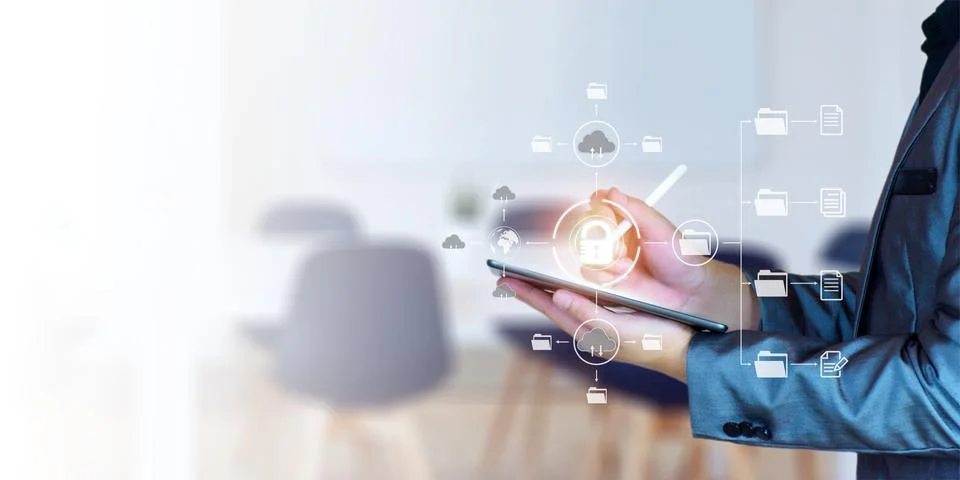Man unlocks files in the cloud. Internet technology. Concept of global data c Stock Photos