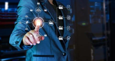 Man unlocks files in the cloud. Internet technology. Concept of global data c Stock Photos