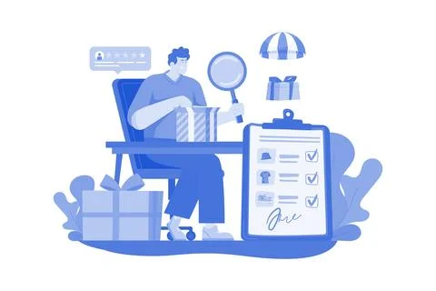 Man unpacking post-delivery with a magnifying glass Illustrazione stock