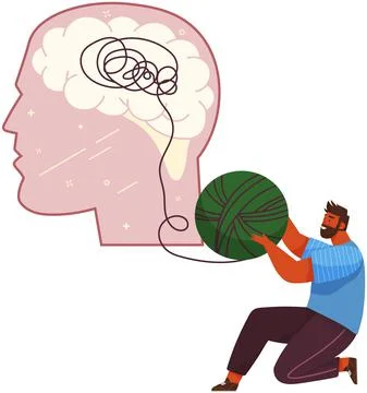 Man untangles ball of thread in human head to deal with problems, maintain brain Stock Illustration