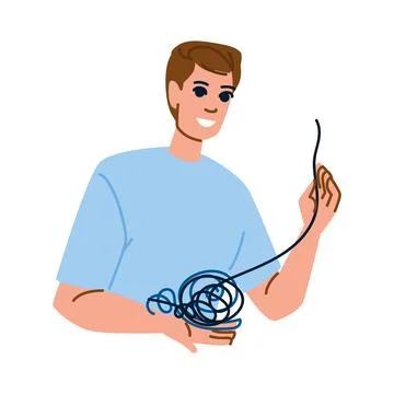 Man untangling tangle of wire, solving problem and finding solution Stock Illustration
